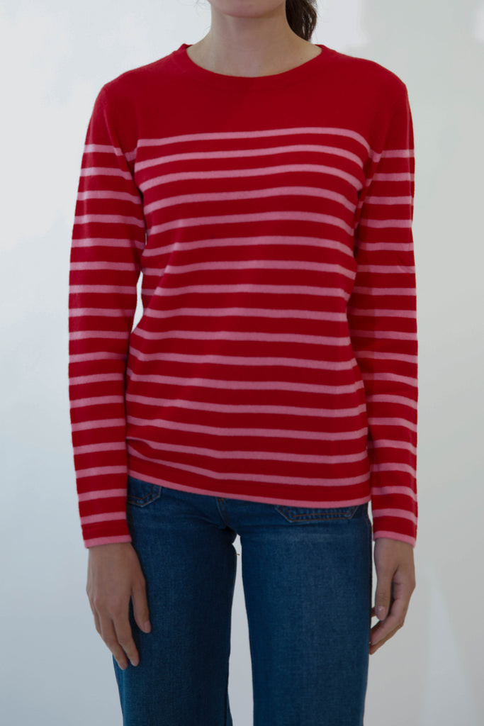 red and pink striped april sweater on model