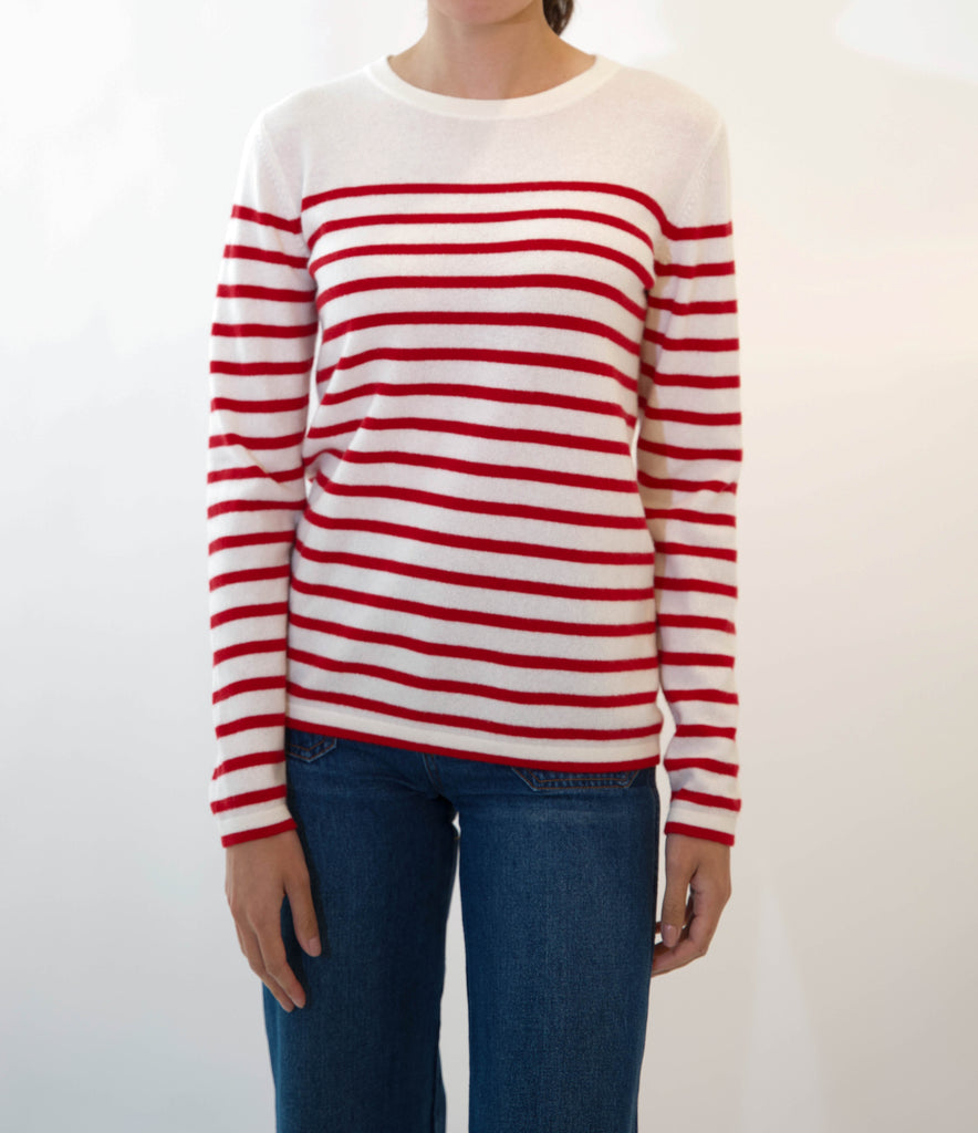 red and white striped april sweater on model