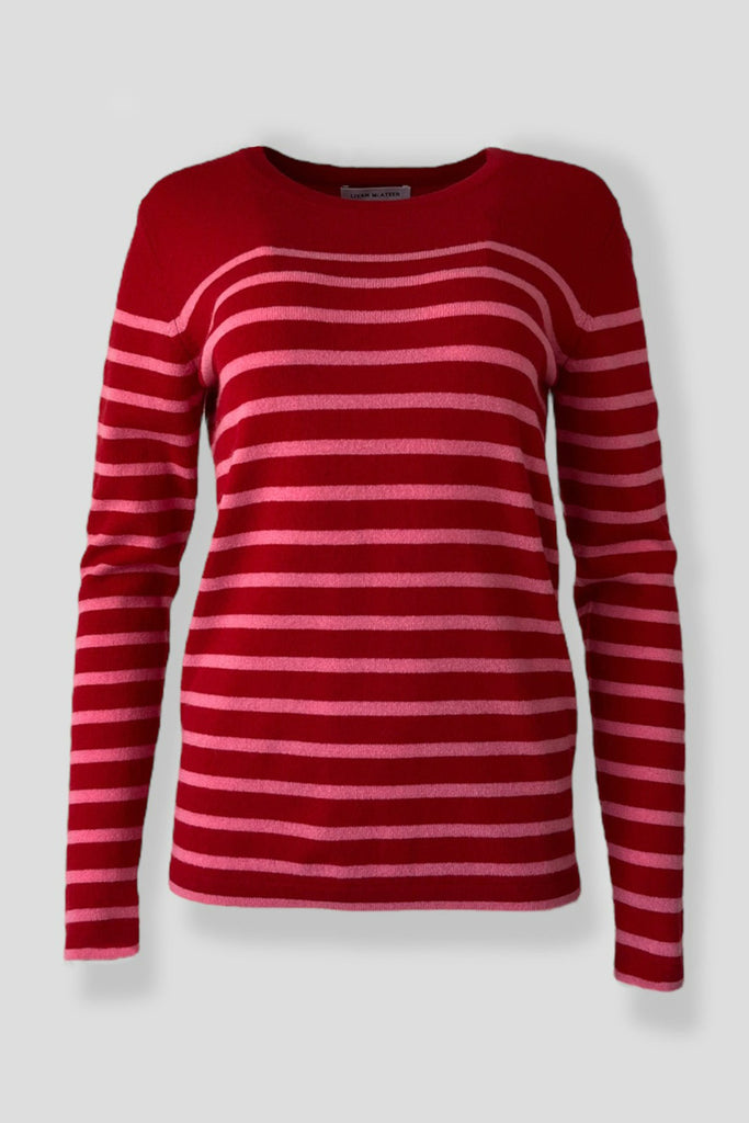 red and pink striped april sweater on white background