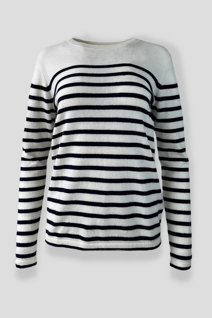 Black and white striped april spring sweater on white background