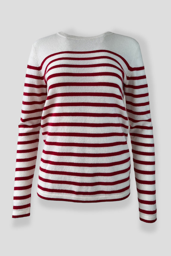 april red and white striped sweater on white background