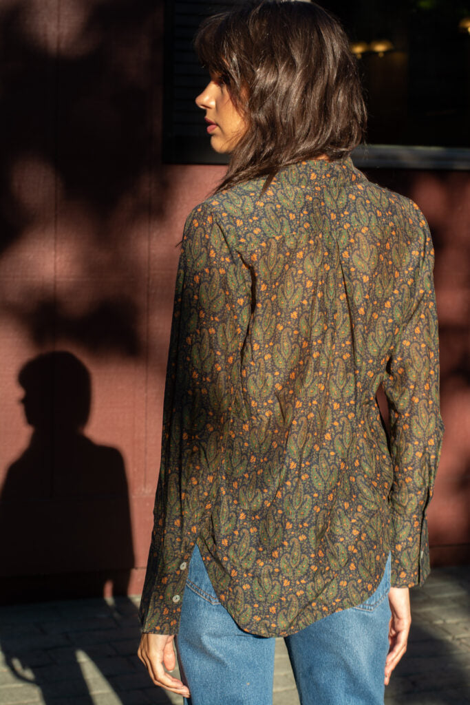 back of floral button down shirt