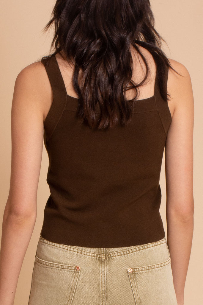 Woman wearing brown Abigail ribbed knit tank top