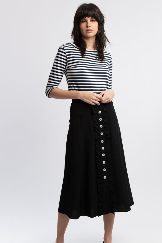 woman wearing Grace Black Midi Skirt