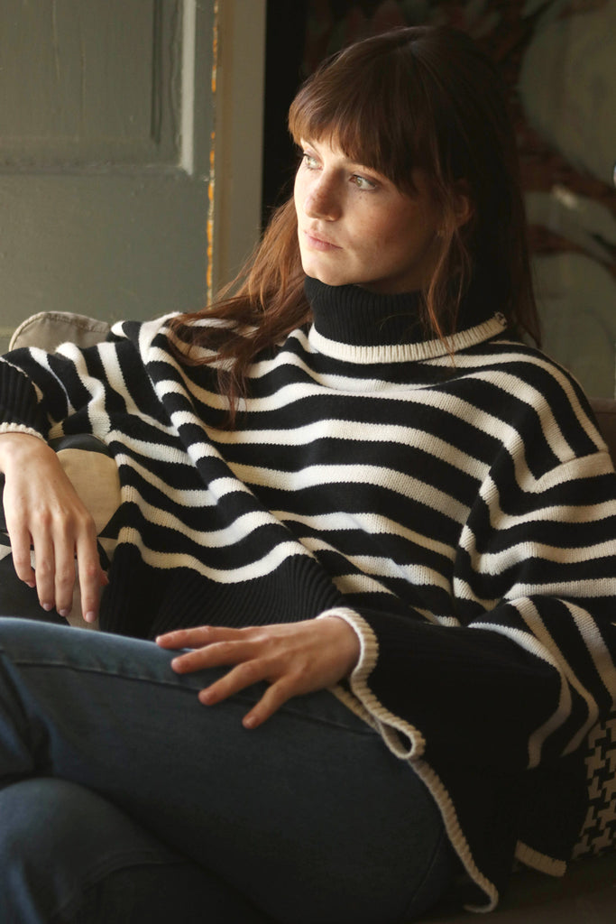 Woman wearing Piper oversized striped sweater 