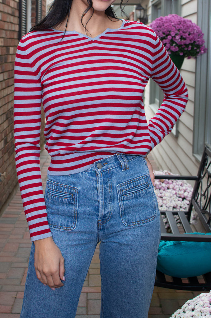 Woman wearing Shelby striped knit top 